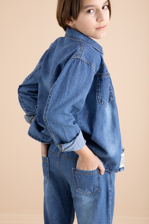 Mavi Düğmeli Jean Gömlekli Pantolonlu 3lü Erkek Çocuk Takım 19998