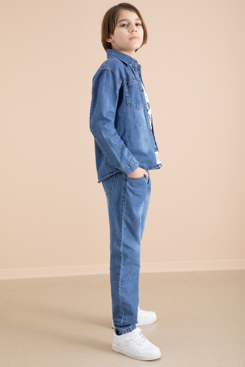 Mavi Düğmeli Jean Gömlekli Pantolonlu 3lü Erkek Çocuk Takım 19998