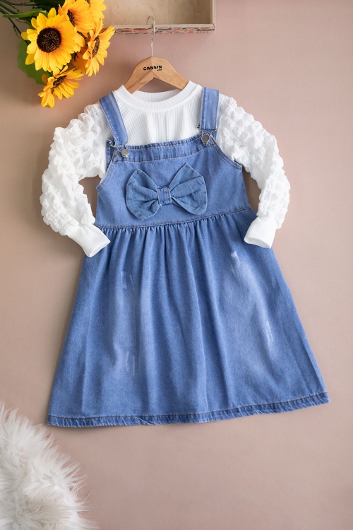 Mavi Fiyonklu Salopetli ve Kol Detaylı Badili Kız Çocuk 2li Takım 20510