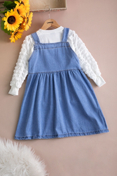 Mavi Fiyonklu Salopetli ve Kol Detaylı Badili Kız Çocuk 2li Takım 20510