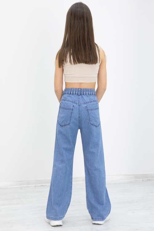 Mavi Geniş Paça Bel Lastikli Kız Çocuk Jean Pantolon 20049