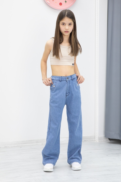Mavi Geniş Paça Bel Lastikli Kız Çocuk Jean Pantolon 20049