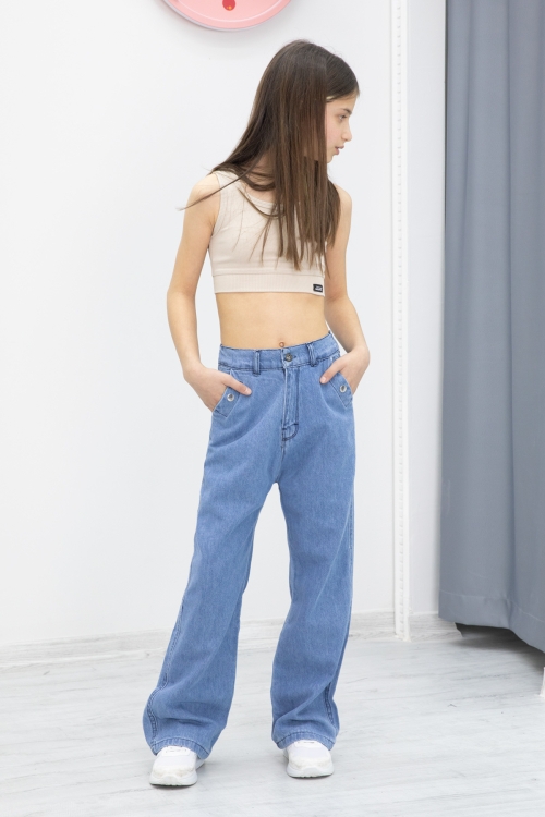 Mavi Geniş Paça Bel Lastikli Kız Çocuk Jean Pantolon 20049