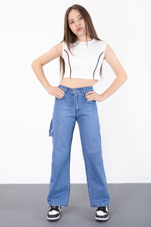 Mavi Geniş Paça Beli Lastikli Kız Çocuk Jean Pantolon 20496