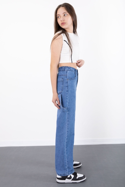 Mavi Geniş Paça Beli Lastikli Kız Çocuk Jean Pantolon 20496