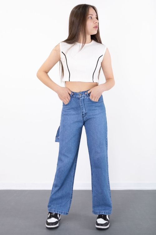 Mavi Geniş Paça Beli Lastikli Kız Çocuk Jean Pantolon 20496