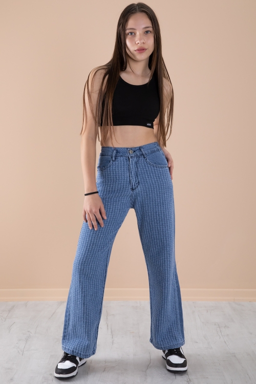 Mavi Geniş Paça Desenli Kız Çocuk Beli Lastikli Jean Pantolon 20274