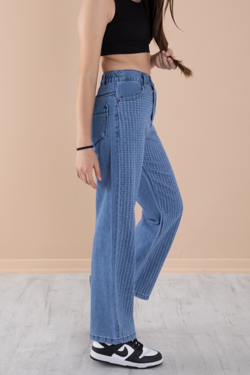 Mavi Geniş Paça Desenli Kız Çocuk Beli Lastikli Jean Pantolon 20274