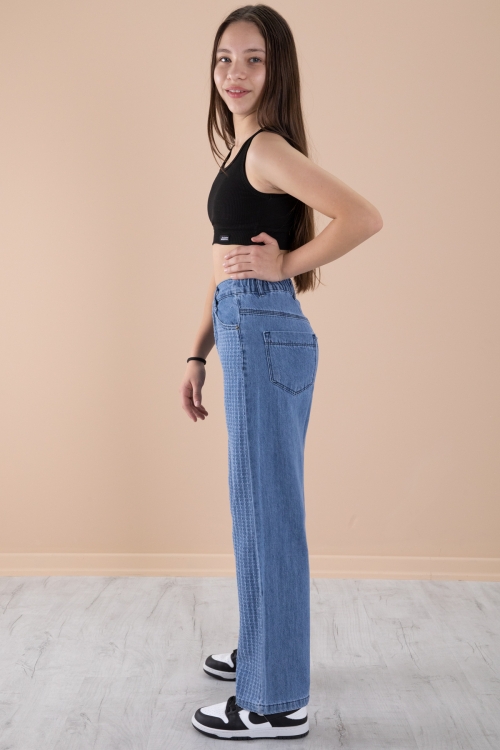 Mavi Geniş Paça Desenli Kız Çocuk Beli Lastikli Jean Pantolon 20274