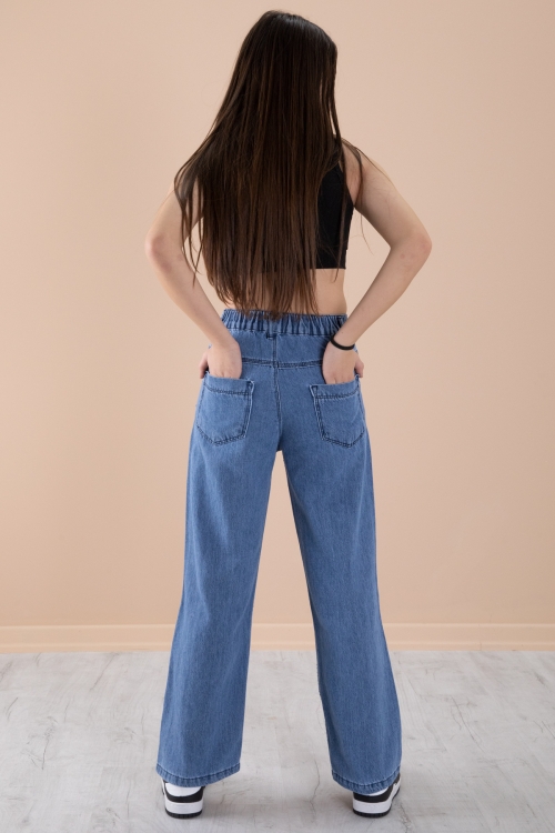 Mavi Geniş Paça Desenli Kız Çocuk Beli Lastikli Jean Pantolon 20274