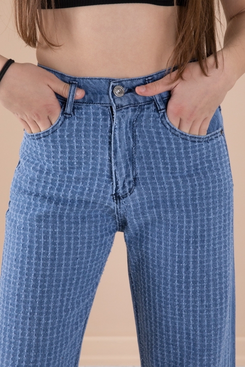 Mavi Geniş Paça Desenli Kız Çocuk Beli Lastikli Jean Pantolon 20274