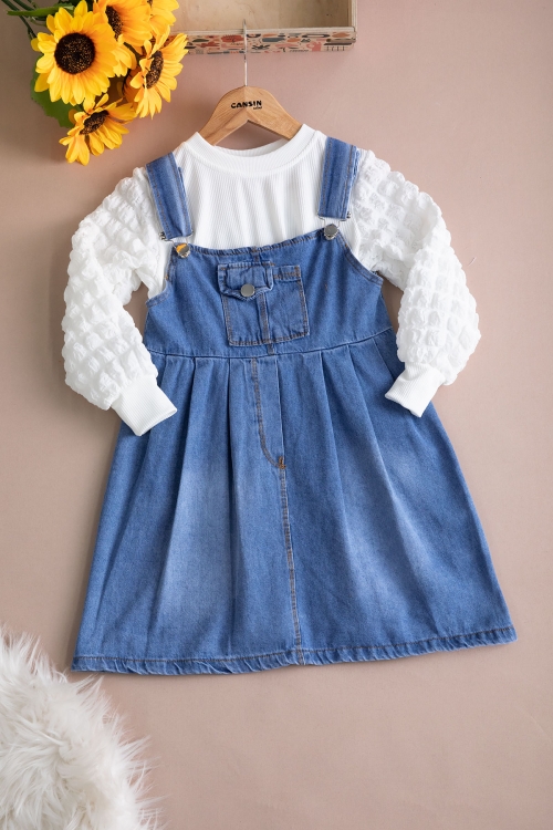 Mavi Göğüs Cepli Salopetli ve Kol Detaylı Badili Kız Çocuk 2li Takım 20511