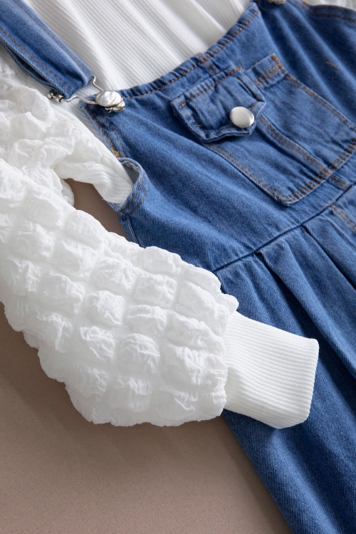 Mavi Göğüs Cepli Salopetli ve Kol Detaylı Badili Kız Çocuk 2li Takım 20511