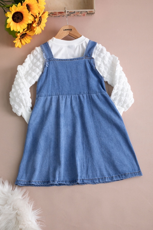 Mavi Göğüs Cepli Salopetli ve Kol Detaylı Badili Kız Çocuk 2li Takım 20511