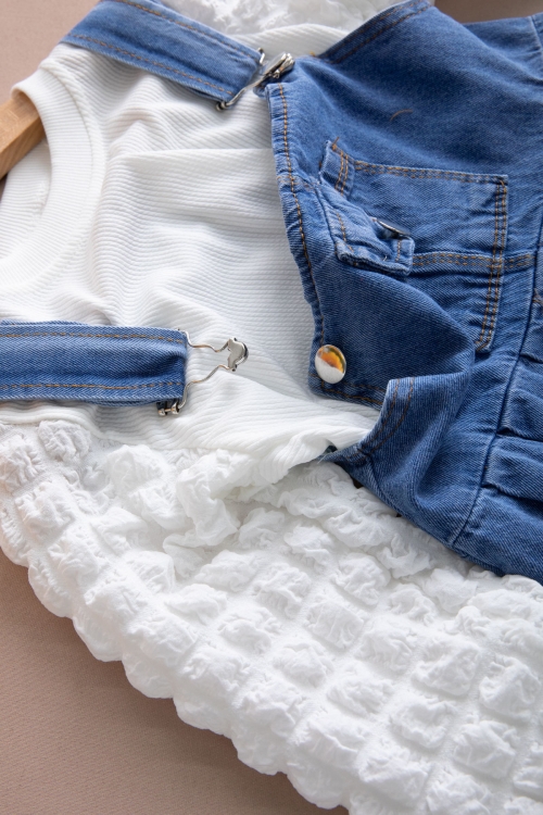 Mavi Göğüs Cepli Salopetli ve Kol Detaylı Badili Kız Çocuk 2li Takım 20511