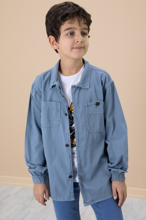 Mavi Gömlek ve Baskılı Tişörtlü Erkek Çocuk 2li Takım 19991