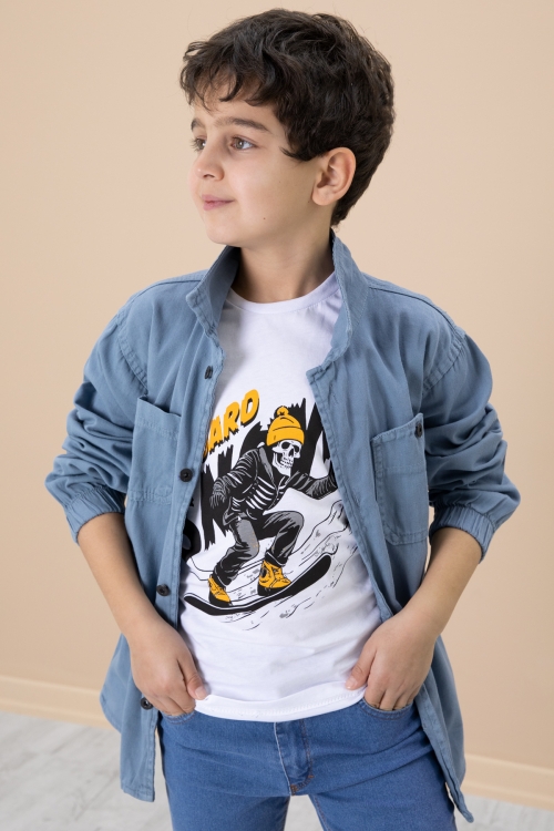 Mavi Gömlek ve Baskılı Tişörtlü Erkek Çocuk 2li Takım 19991