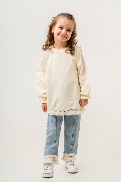 Mavi Jean Pantolonlu Püskül Detaylı Badili Kız Çocuk Takım 20399