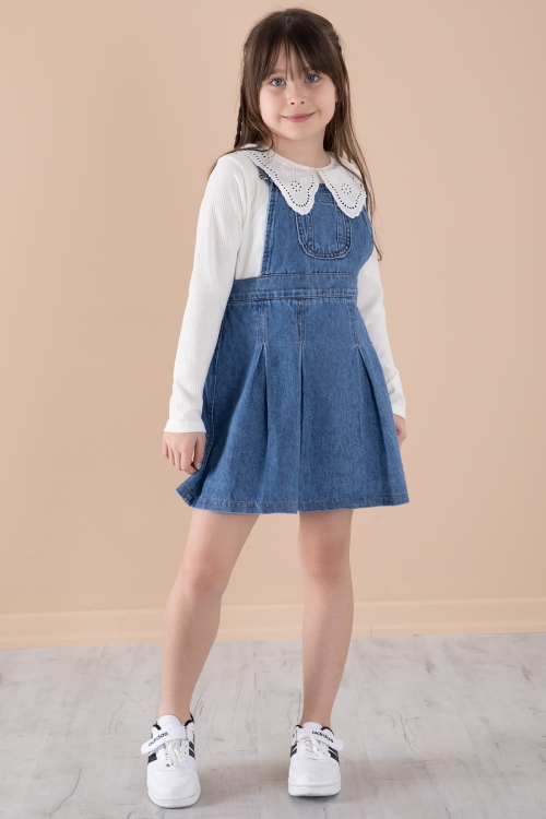 Mavi Jean Salopetli ve Dantel Badili Kız Çocuk 2li Takım 20305