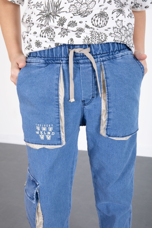 Mavi Kargo Cepli Beli Lastikli Erkek Çocuk Likralı Jean Pantolon 20517