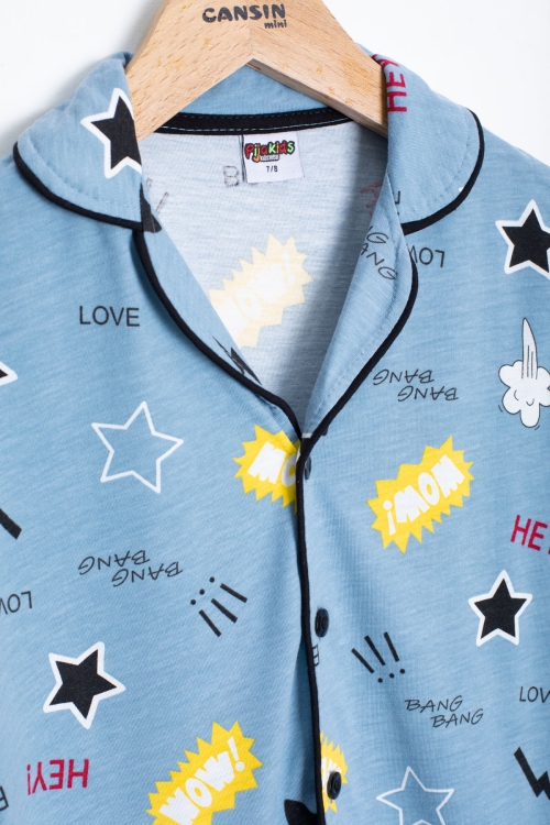 Mavi Karikatür Desenli Kısa Kollu Erkek Çocuk Pijama Takımı 20570