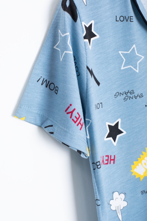 Mavi Karikatür Desenli Kısa Kollu Erkek Çocuk Pijama Takımı 20570