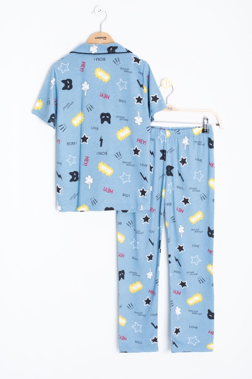 Mavi Karikatür Desenli Kısa Kollu Erkek Çocuk Pijama Takımı 20570
