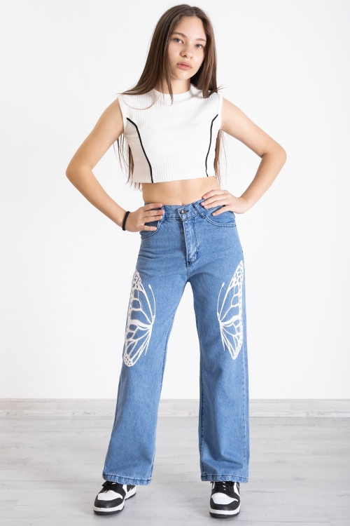 Mavi Kelebek Baskı Geniş Paça Kız Çocuk Jean Pantolon 20276