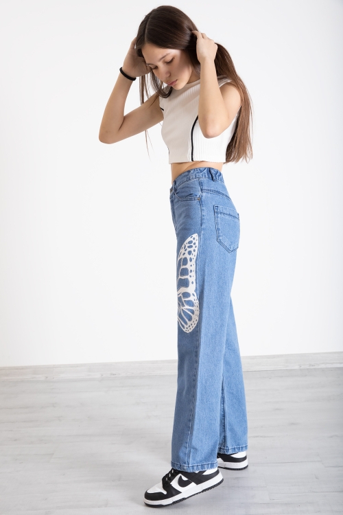 Mavi Kelebek Baskı Geniş Paça Kız Çocuk Jean Pantolon 20276