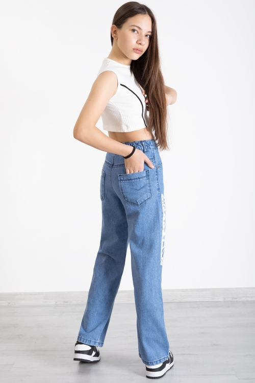 Mavi Kelebek Baskı Geniş Paça Kız Çocuk Jean Pantolon 20276