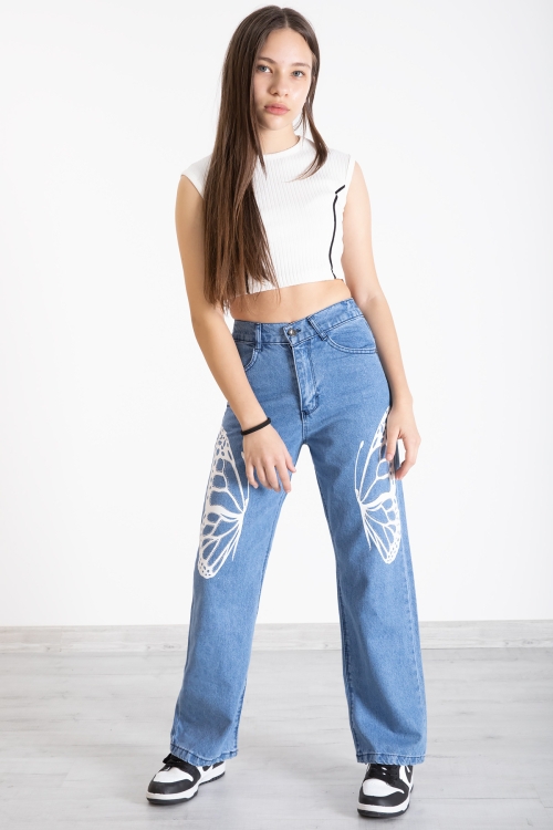 Mavi Kelebek Baskı Geniş Paça Kız Çocuk Jean Pantolon 20276