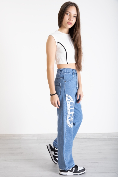 Mavi Kelebek Baskı Geniş Paça Kız Çocuk Jean Pantolon 20276