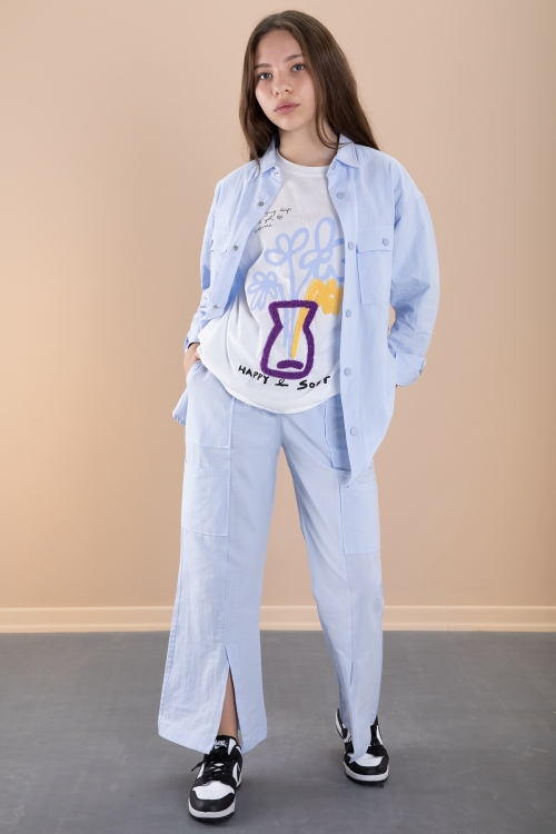 Mavi Kız Çocuk Çiçek Baskılı Gömlekli Jogger Pantolonlu 3lü Takım 20473