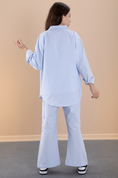 Mavi Kız Çocuk Çiçek Baskılı Gömlekli Jogger Pantolonlu 3lü Takım 20473