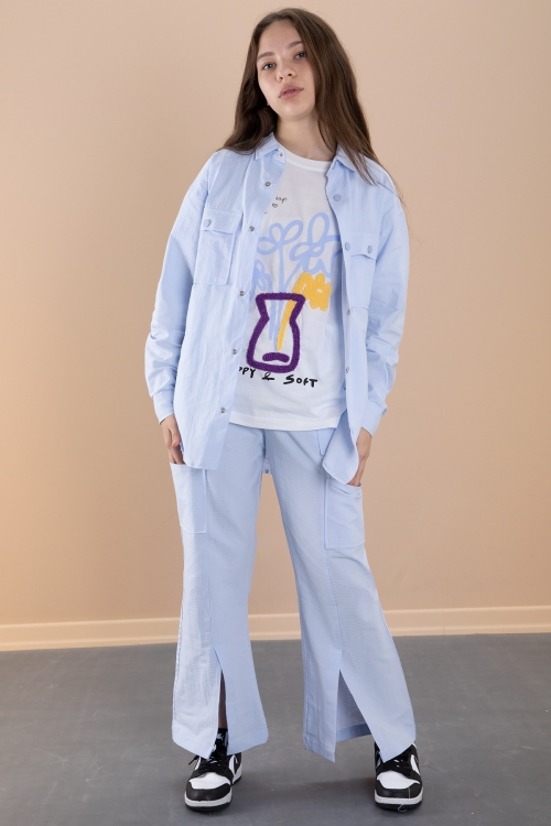 Mavi Kız Çocuk Çiçek Baskılı Gömlekli Jogger Pantolonlu 3lü Takım 20473