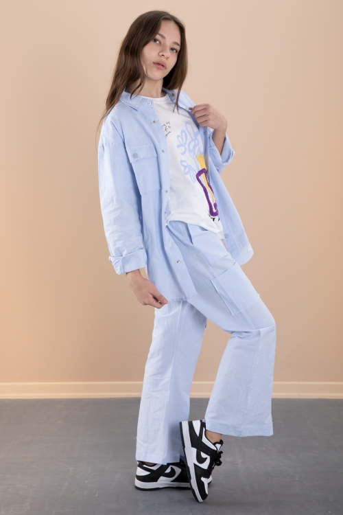 Mavi Kız Çocuk Çiçek Baskılı Gömlekli Jogger Pantolonlu 3lü Takım 20473