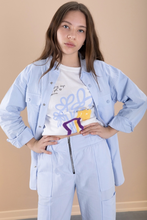 Mavi Kız Çocuk Çiçek Baskılı Gömlekli Jogger Pantolonlu 3lü Takım 20473