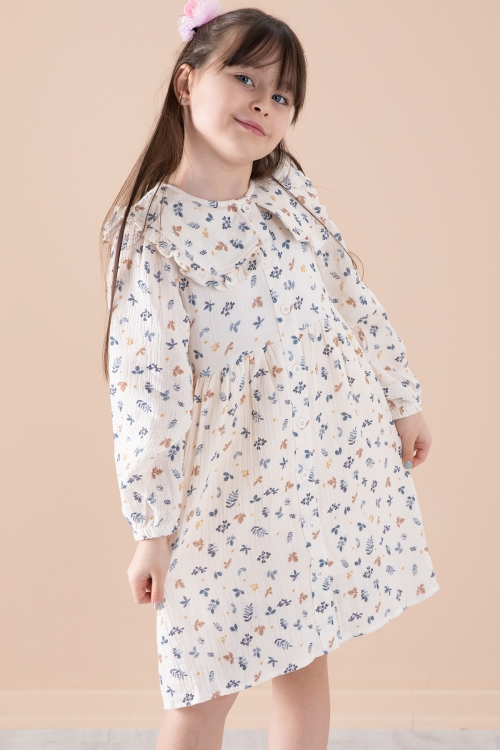 Mavi Yaprak Desenli Düğmeli Müslin Kız Çocuk Elbise 20310