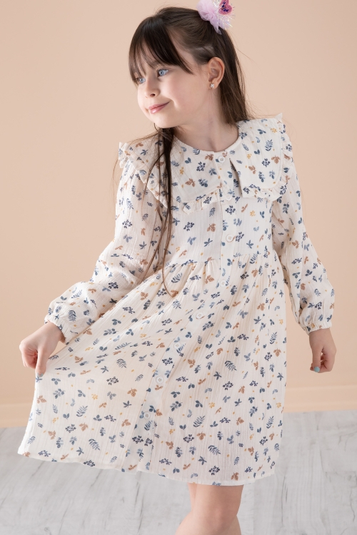 Mavi Yaprak Desenli Düğmeli Müslin Kız Çocuk Elbise 20310