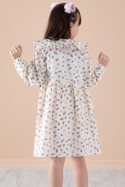 Mavi Yaprak Desenli Düğmeli Müslin Kız Çocuk Elbise 20310