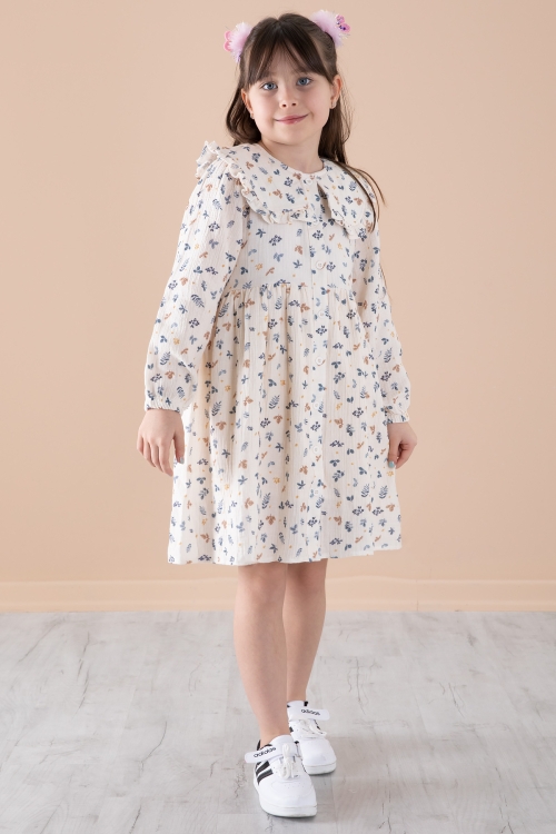 Mavi Yaprak Desenli Düğmeli Müslin Kız Çocuk Elbise 20310