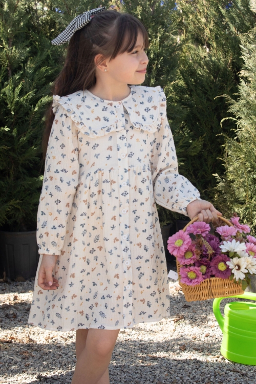 Mavi Yaprak Desenli Düğmeli Müslin Kız Çocuk Elbise 20310