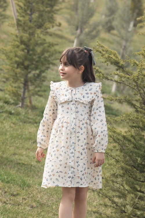 Mavi Yaprak Desenli Düğmeli Müslin Kız Çocuk Elbise 20310