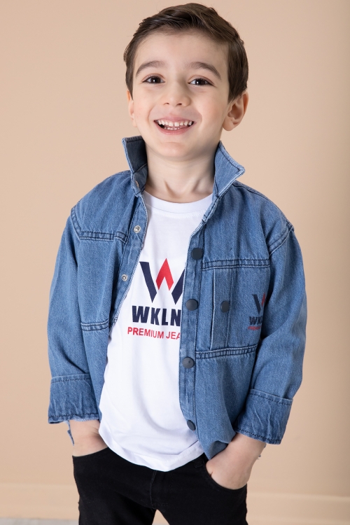 Mavi Yazı Baskılı Bisiklet Yaka Tişörtlü Erkek Çocuk Jean Gömlek 20078