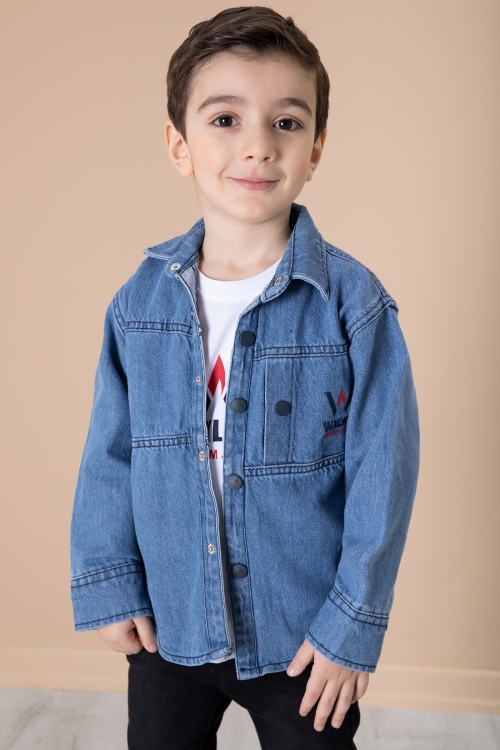 Mavi Yazı Baskılı Bisiklet Yaka Tişörtlü Erkek Çocuk Jean Gömlek 20078