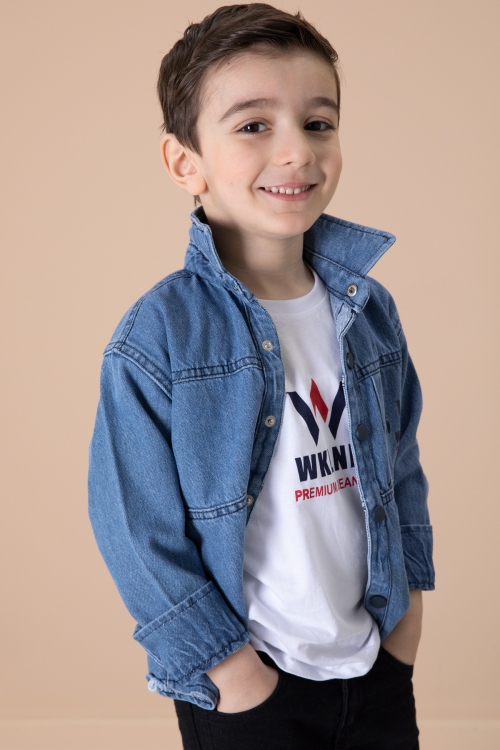 Mavi Yazı Baskılı Bisiklet Yaka Tişörtlü Erkek Çocuk Jean Gömlek 20078