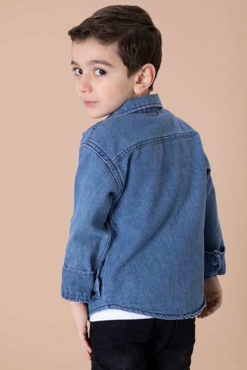 Mavi Yazı Baskılı Bisiklet Yaka Tişörtlü Erkek Çocuk Jean Gömlek 20078