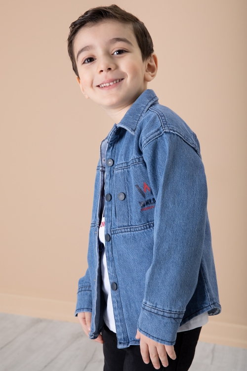 Mavi Yazı Baskılı Bisiklet Yaka Tişörtlü Erkek Çocuk Jean Gömlek 20078