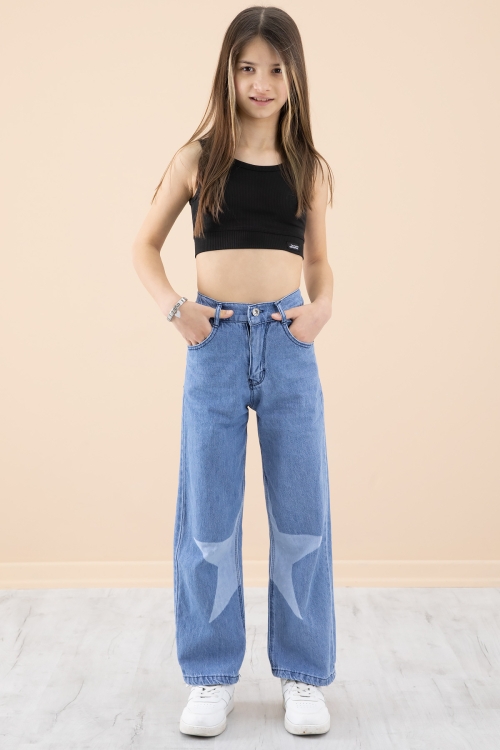Mavi Yıldız Desenli Kız Çocuk Geniş Paça Jean Pantolon 20273