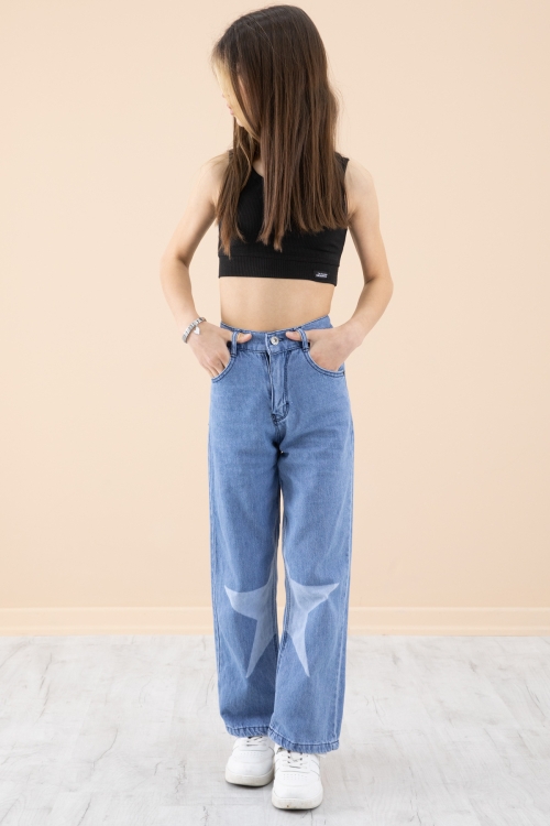 Mavi Yıldız Desenli Kız Çocuk Geniş Paça Jean Pantolon 20273